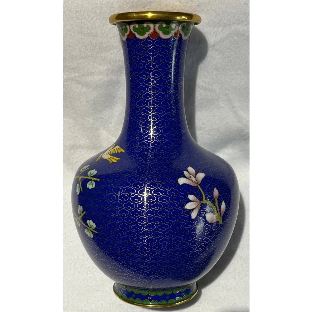 Vintage‎ Chinese Cloisonne Enamel Vase Cobalt Blue Cherry Blossom Bird 8 Inch